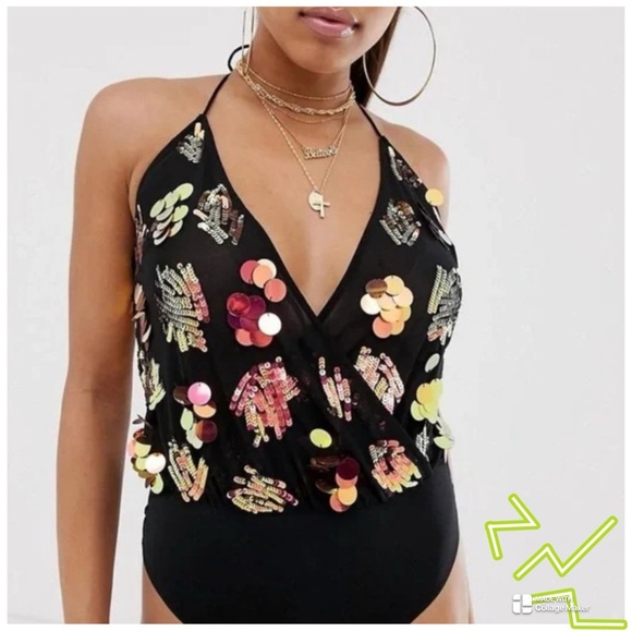 ASOS Sequined Open Back Halter Bodysuit New - Picture 1 of 6